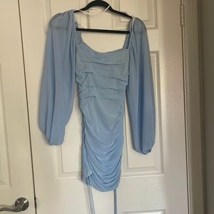 Spring mini dress with chiffon bell sleeves.